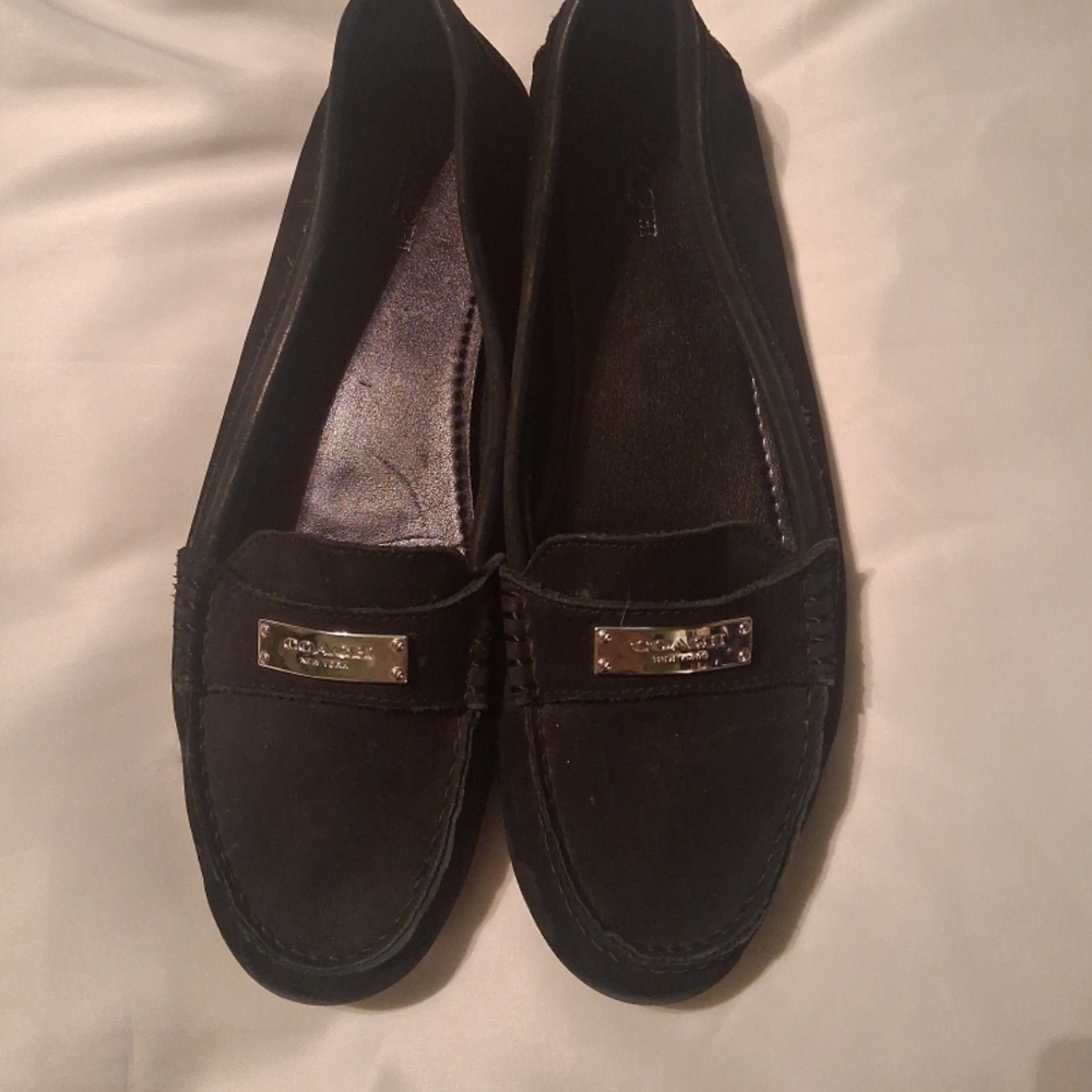 Coach Black Suede Loafers with Silver Plaque